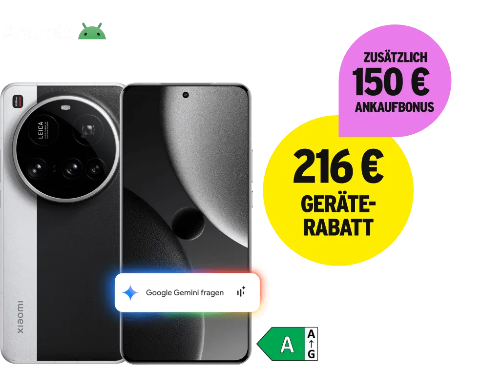Xiaomi 15 Ultra mit Energieklasse A. 216 € Geräterabatt. Zusätzlich 150 € Ankaufbonus.
