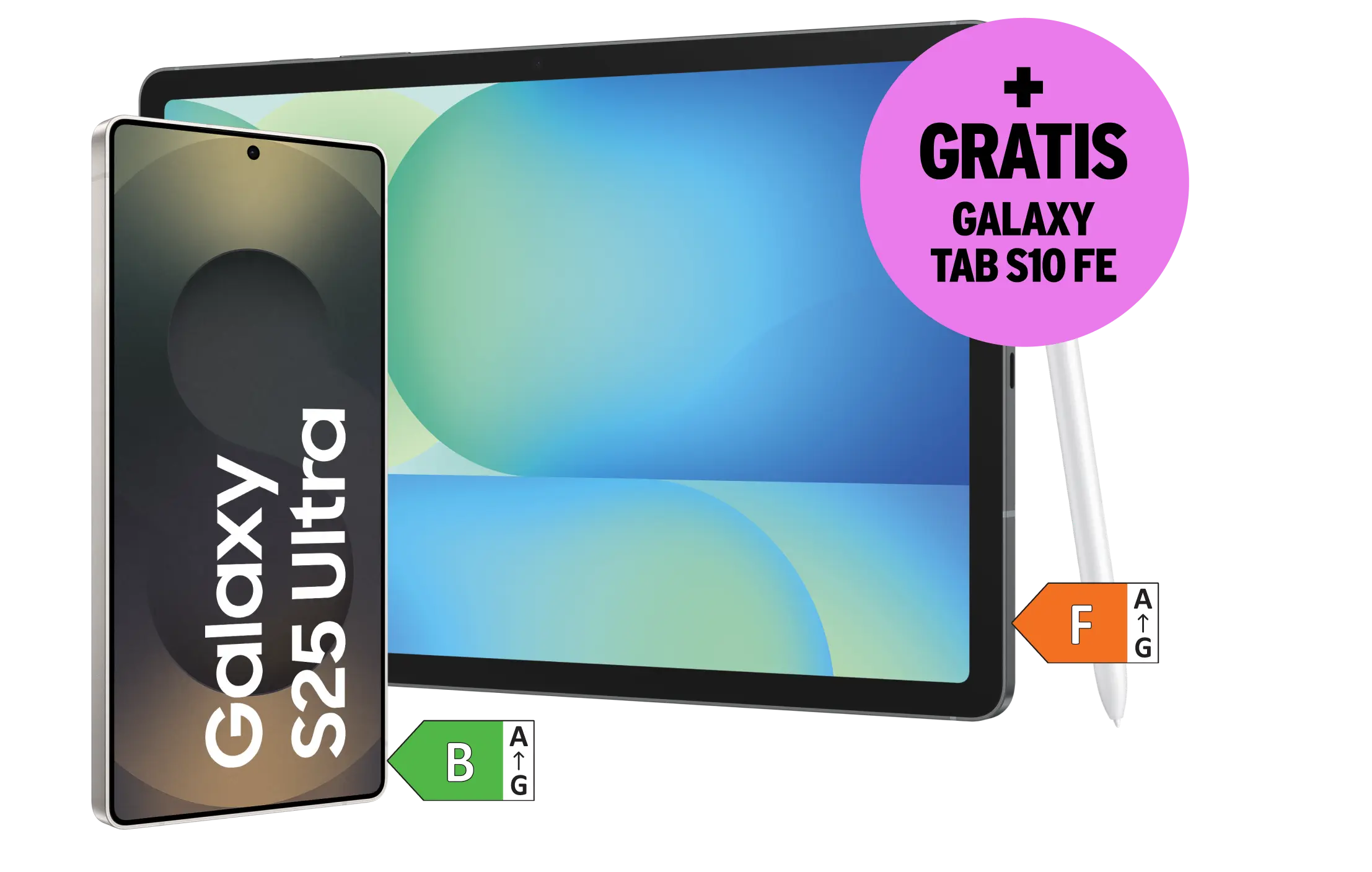 Samsung Galaxy S25 Ultra. Energieeffizienzklasse B. Gratis Galaxy Tab S10 FE. Energieeffizienzklasse F.