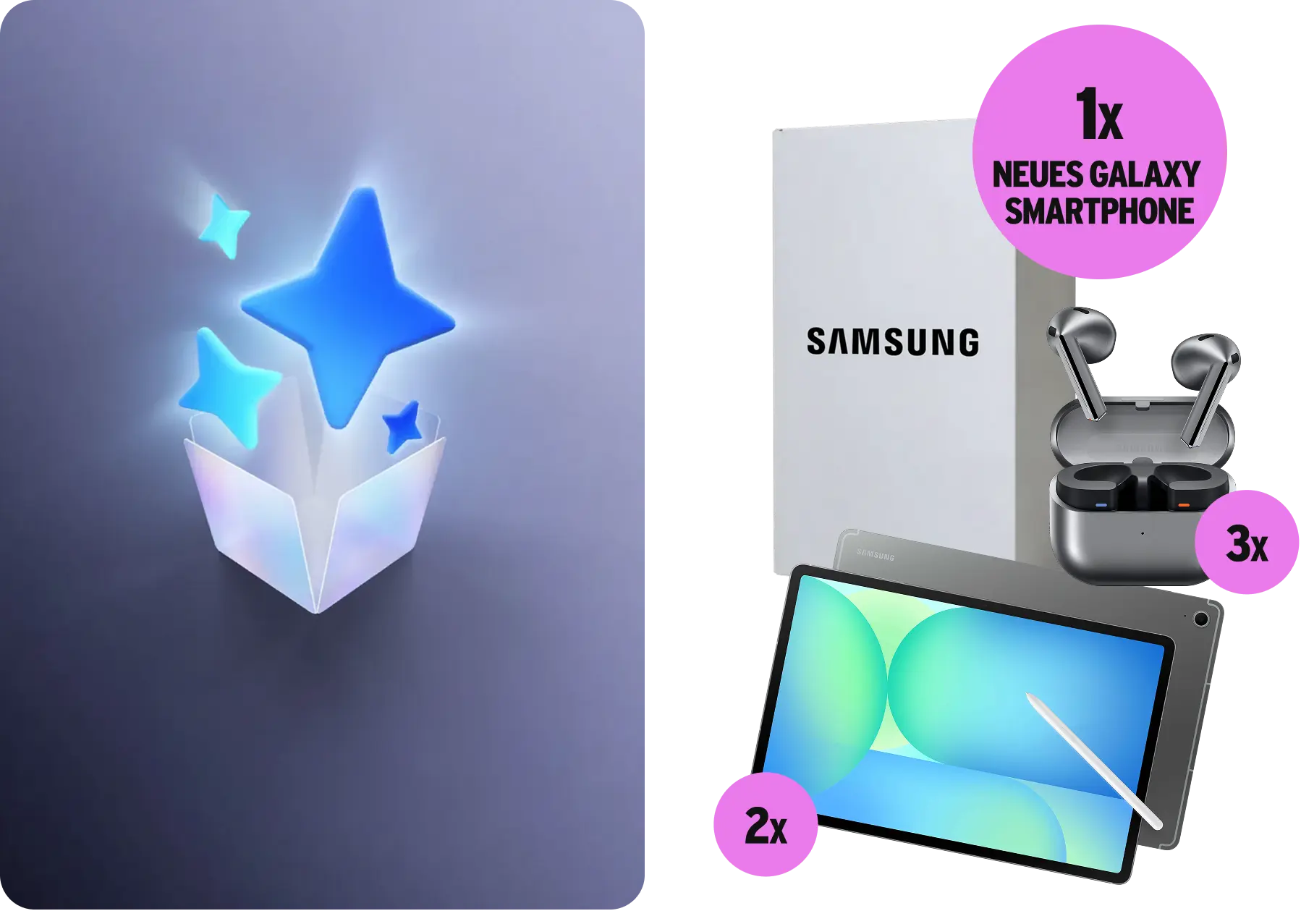 Abbildung der Gewinne:1x neues Galaxy Smartphone, 3x Samsung Galaxy Buds3, 2x Samsung Galaxy Tab S10 FE+ 128 GB in Grau.