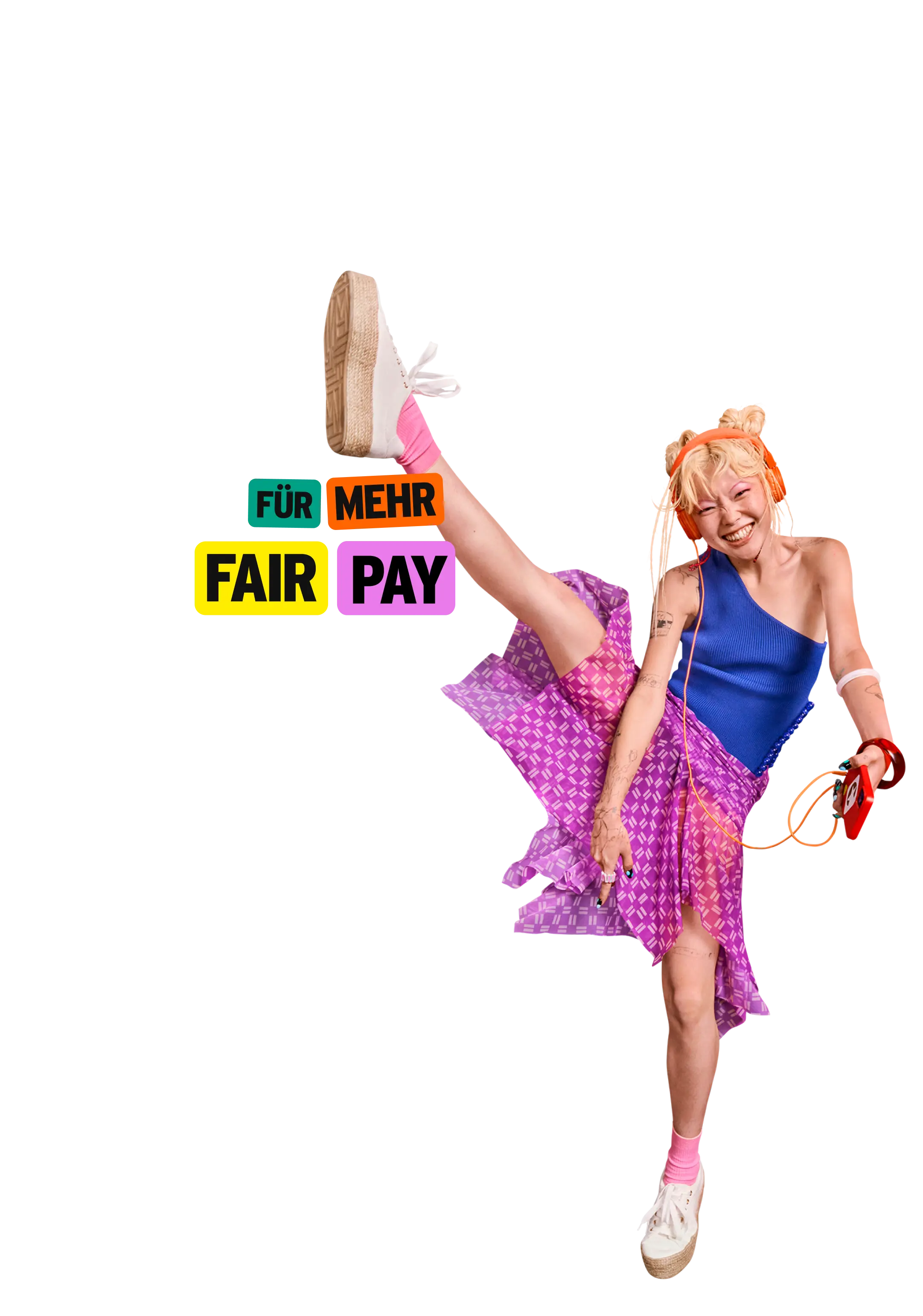 Frau macht einen High Kick, Schrift: "Für mehr Fair Pay"
