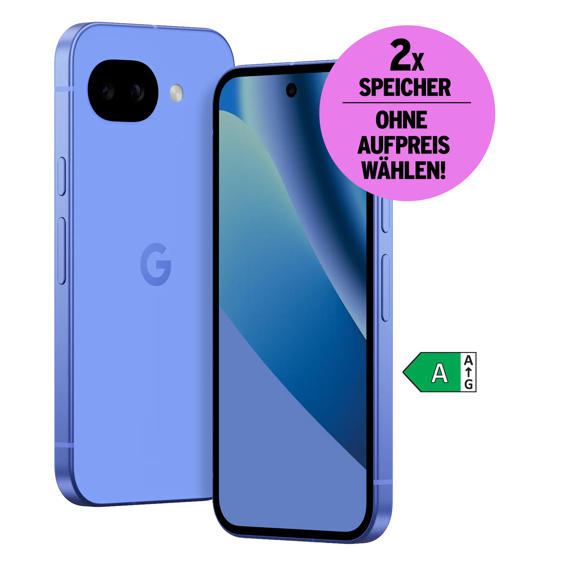 Vorder- und Rückansicht Google Pixel 10a. Energieeffizienzklasse A. Doppelten Speicher ohne Aufpreis wählen.