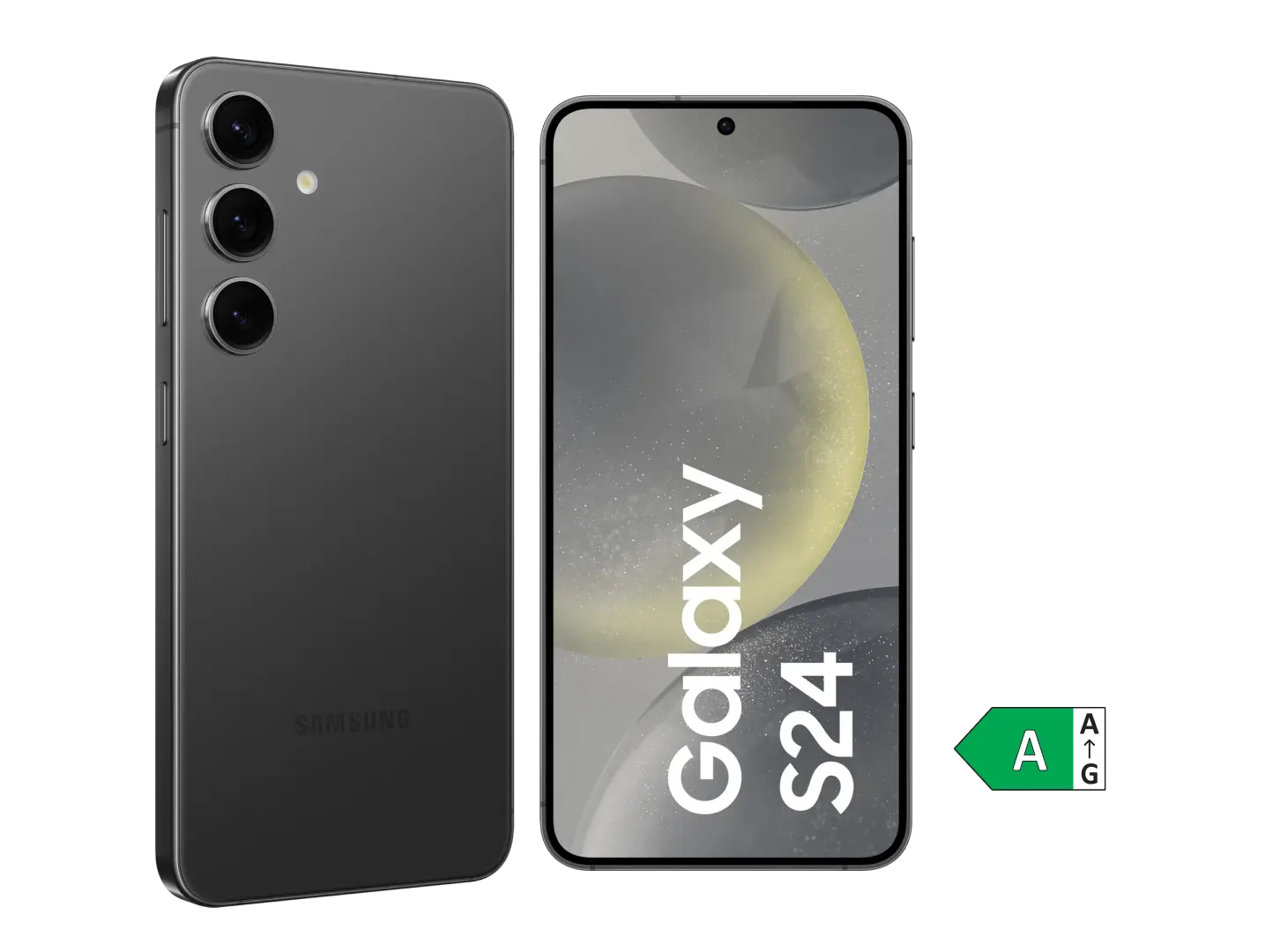 Front- und Rückansicht des Samsung Galaxy S24 mit Dreifach-Kamera. Energieeffizienzklasse A.