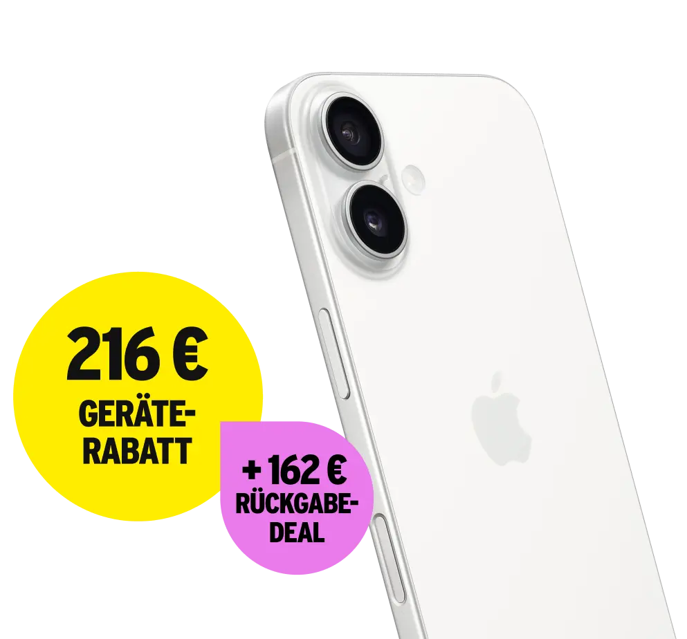 z.B. mit Apple iPhone 16. 216 € Geräte-Rabatt + 162 € Rückgabe-Deal