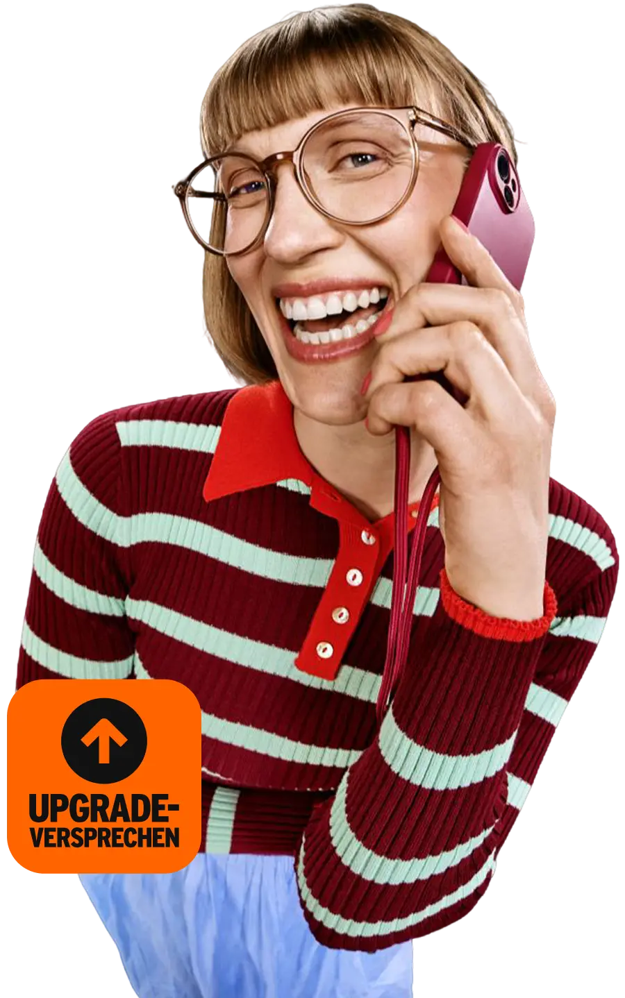 Lächelnde, telefonierende Frau mit Pfeil-nach-oben-Symbol und Text "Upgrade-Versprechen"