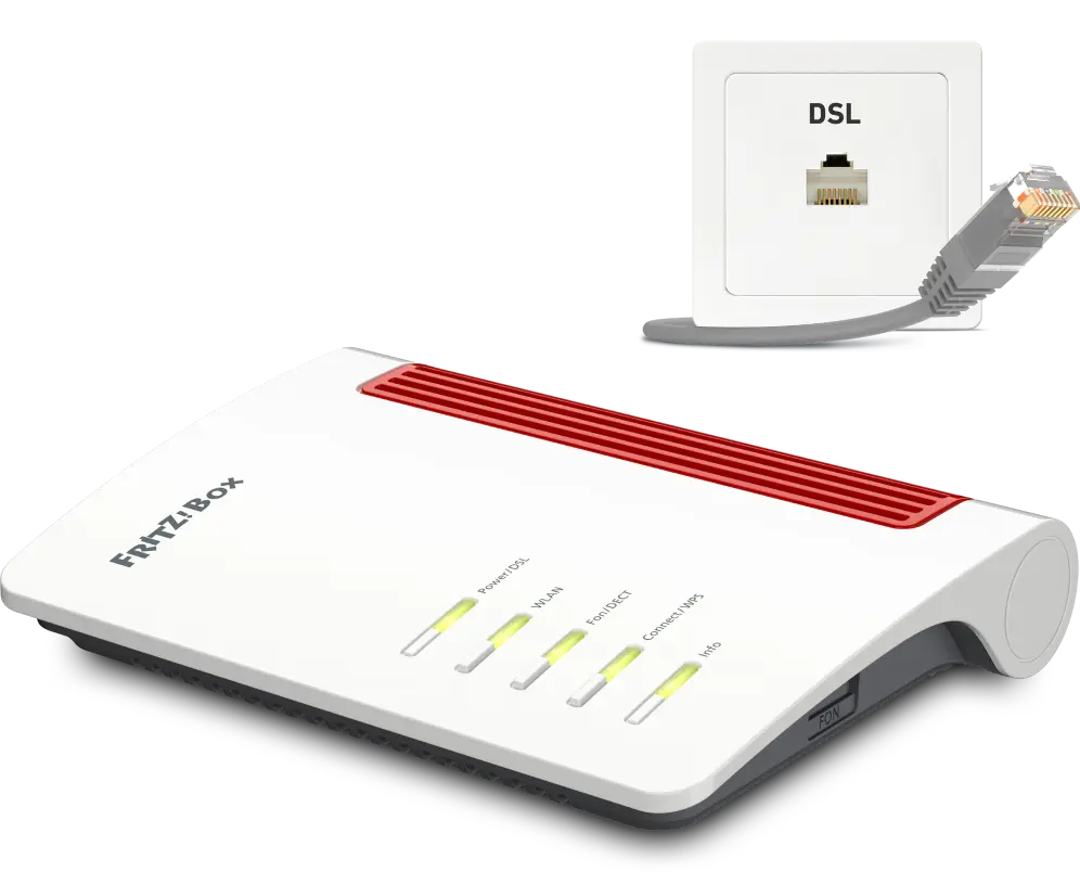 FRITZ!Box 7530 Router mit leuchtenden Status-LEDs, daneben eine DSL-Wandsteckdose mit der Aufschrift „DSL“ und ein graues DSL-Kabel mit Stecker.