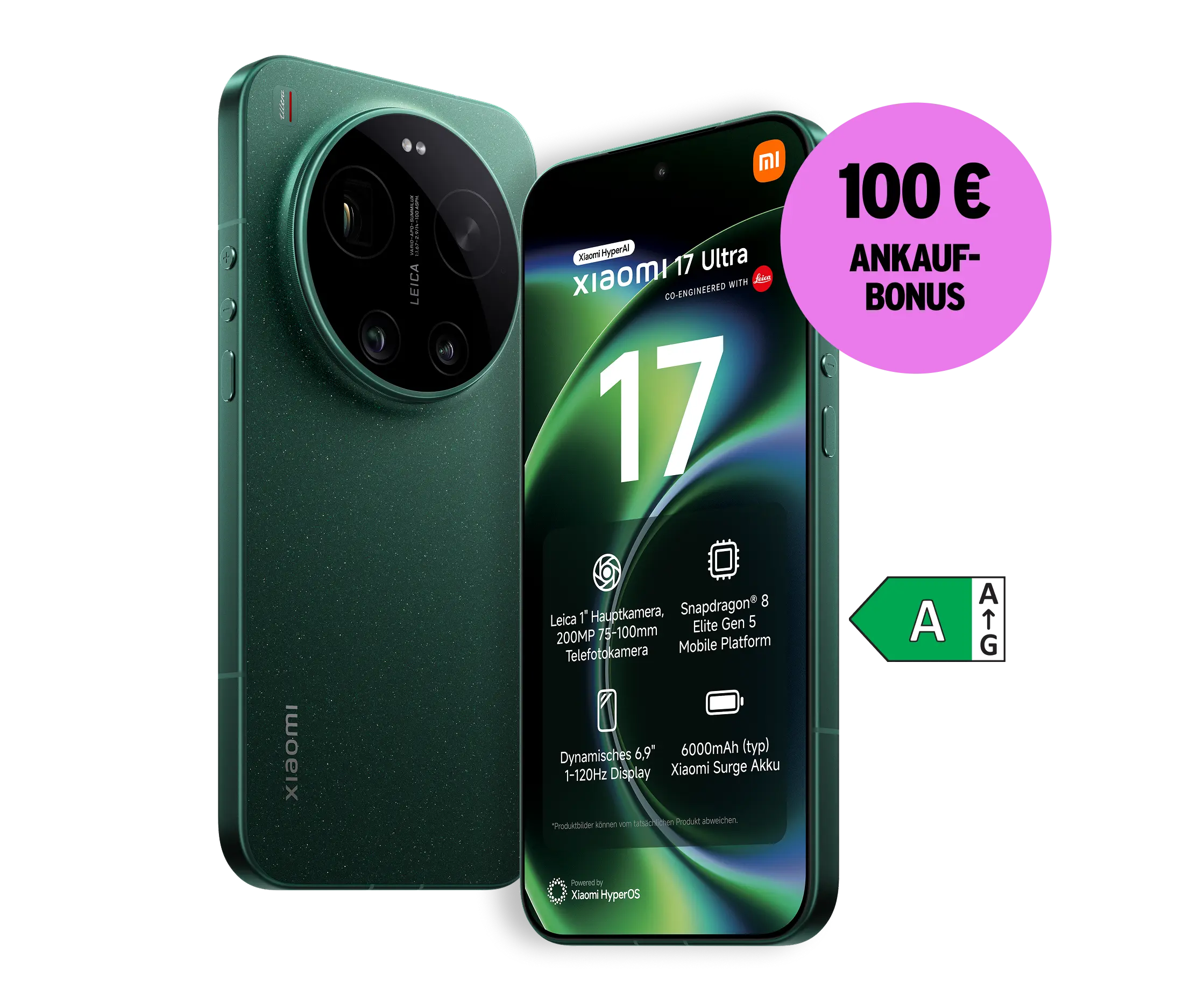 Schräge Vorder- und Rückansicht Xiaomi 17 Ultra Grün. Energieeffizienzklasse A. 100 € Ankaufbonus.