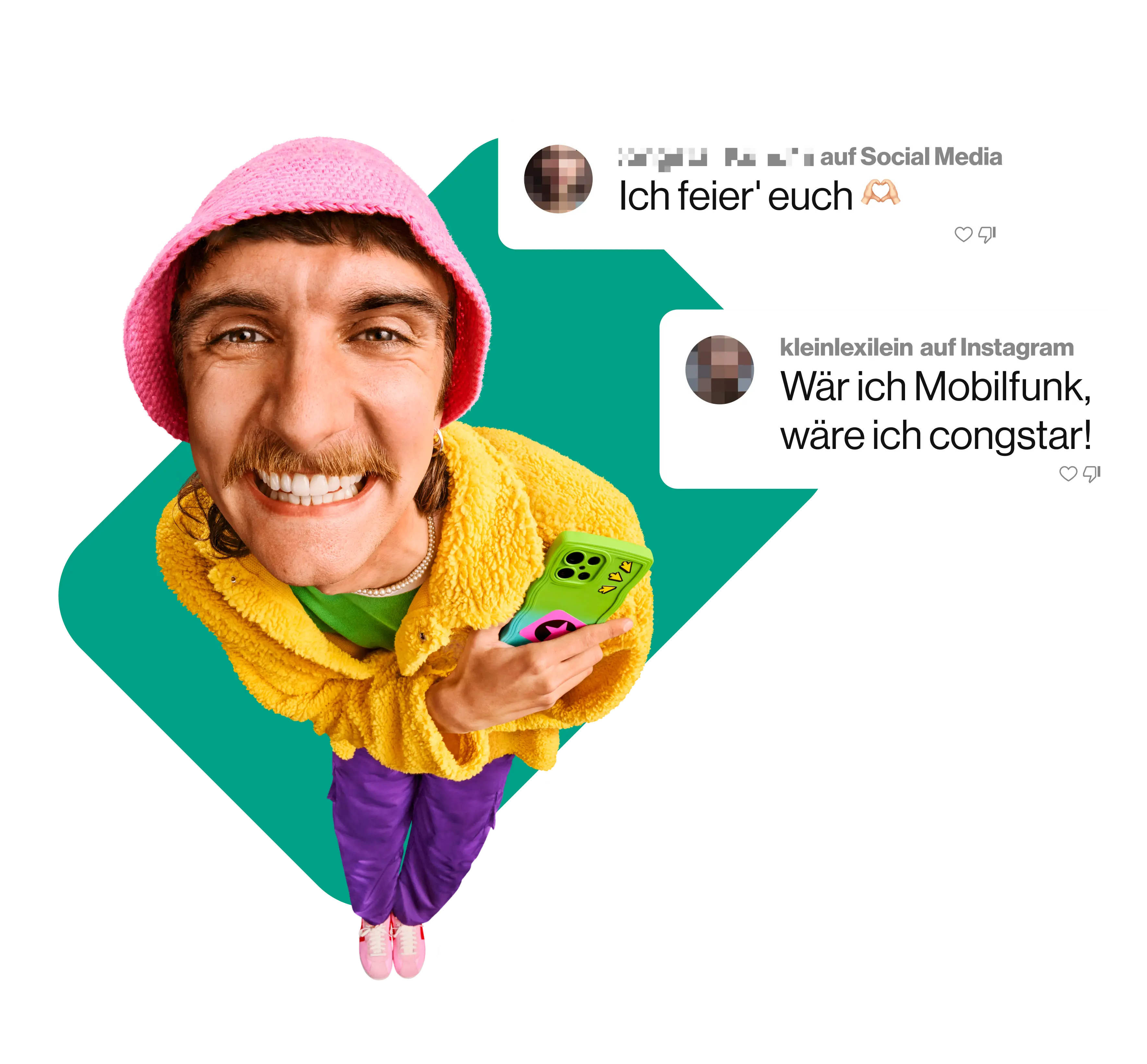 Zwei Sprechblasen mit Kommentaren auf Social Media. Eine Sprechblase lautet: "Ich feier' euch" und die andere von "kleinlexilein auf Social Media", lautet: "Wär ich Mobilfunk, wäre ich congstar!". Neben den Kommentaren ist jeweils eine Fußnote ¹ platziert.