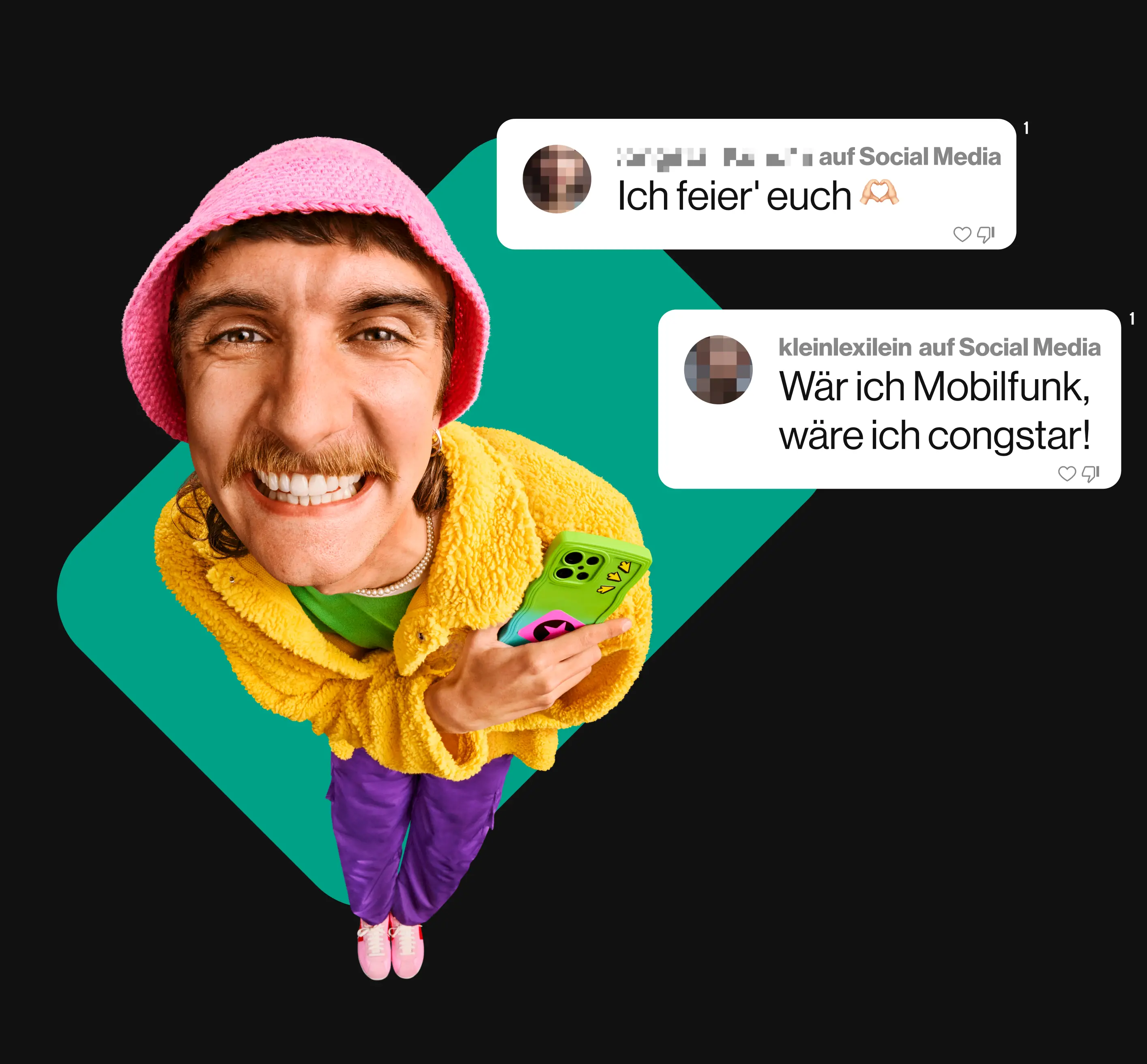 Zwei Sprechblasen mit Kommentaren auf Social Media. Eine Sprechblase lautet: "Ich feier' euch" und die andere von "kleinlexilein auf Social Media", lautet: "Wär ich Mobilfunk, wäre ich congstar!". Neben den Kommentaren ist jeweils eine Fußnote ¹ platziert.