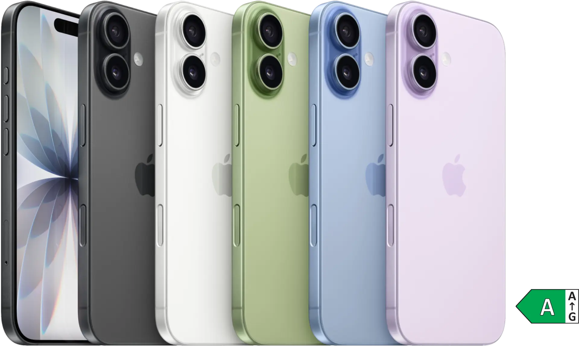 Sechs Apple iPhones in verschiedenen Farben nebeneinander aufgereiht, mit Energieeffizienzklasse A Siegel.
