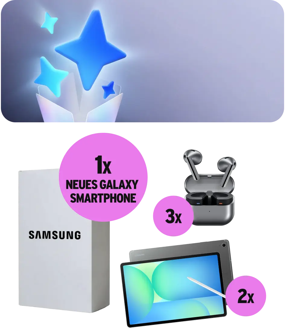 Abbildung der Gewinne:1x neues Galaxy Smartphone, 3x Samsung Galaxy Buds3, 2x Samsung Galaxy Tab S10 FE+ 128 GB in Grau.