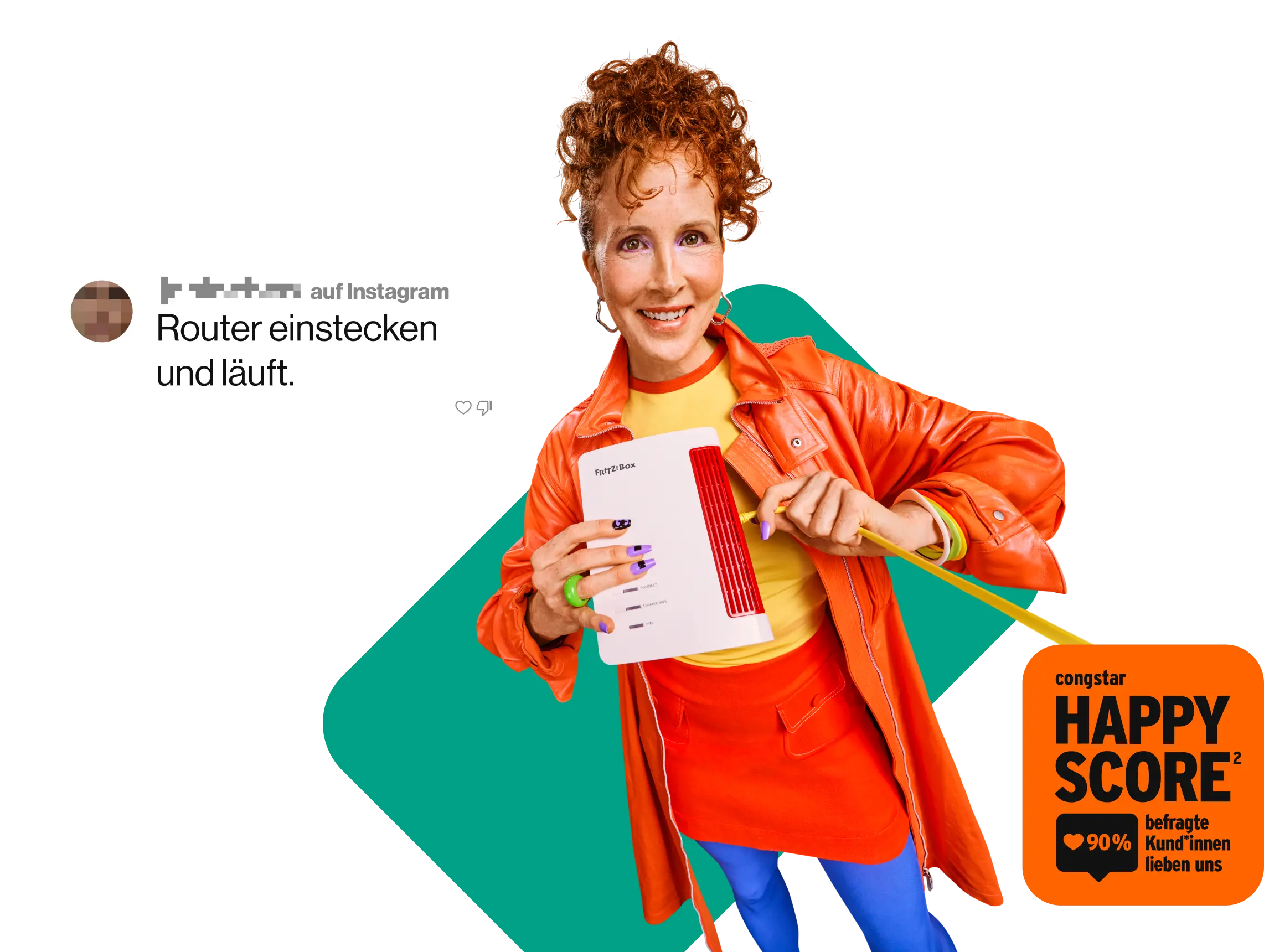 Zwei Social Media Kommentare auf Instagram: "Hab Wlan bis in den Partykeller!" und "Router einstecken und läuft." congstar Happy Score Badge². 90 % befragte Kund*innen lieben uns.