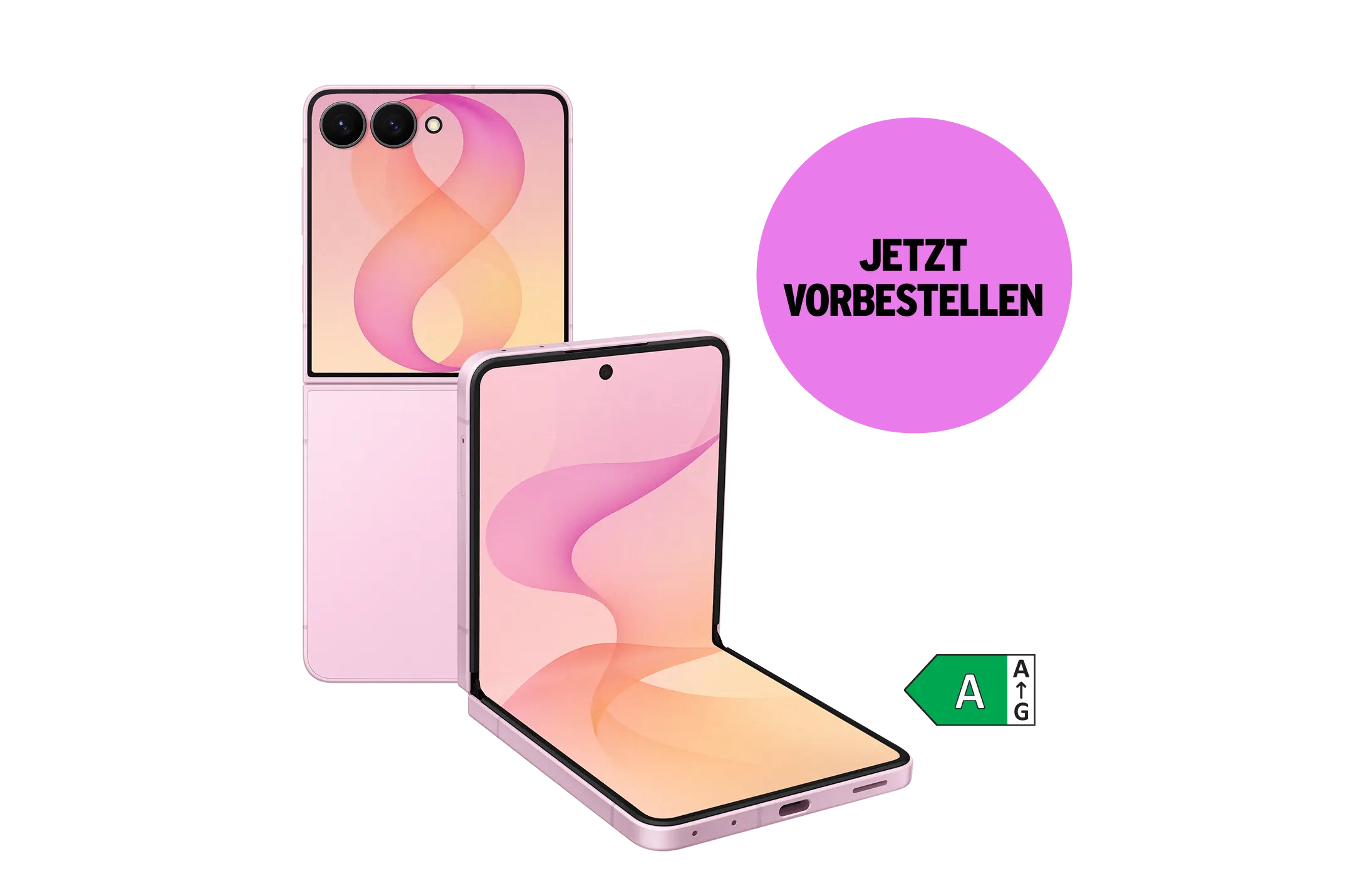 Rück- und Vorderansicht Samsung Galaxy Z Flip8 in pink aufgeklappt. Störer "Jetzt vorbestellen". Energieeffizienzklasse A.