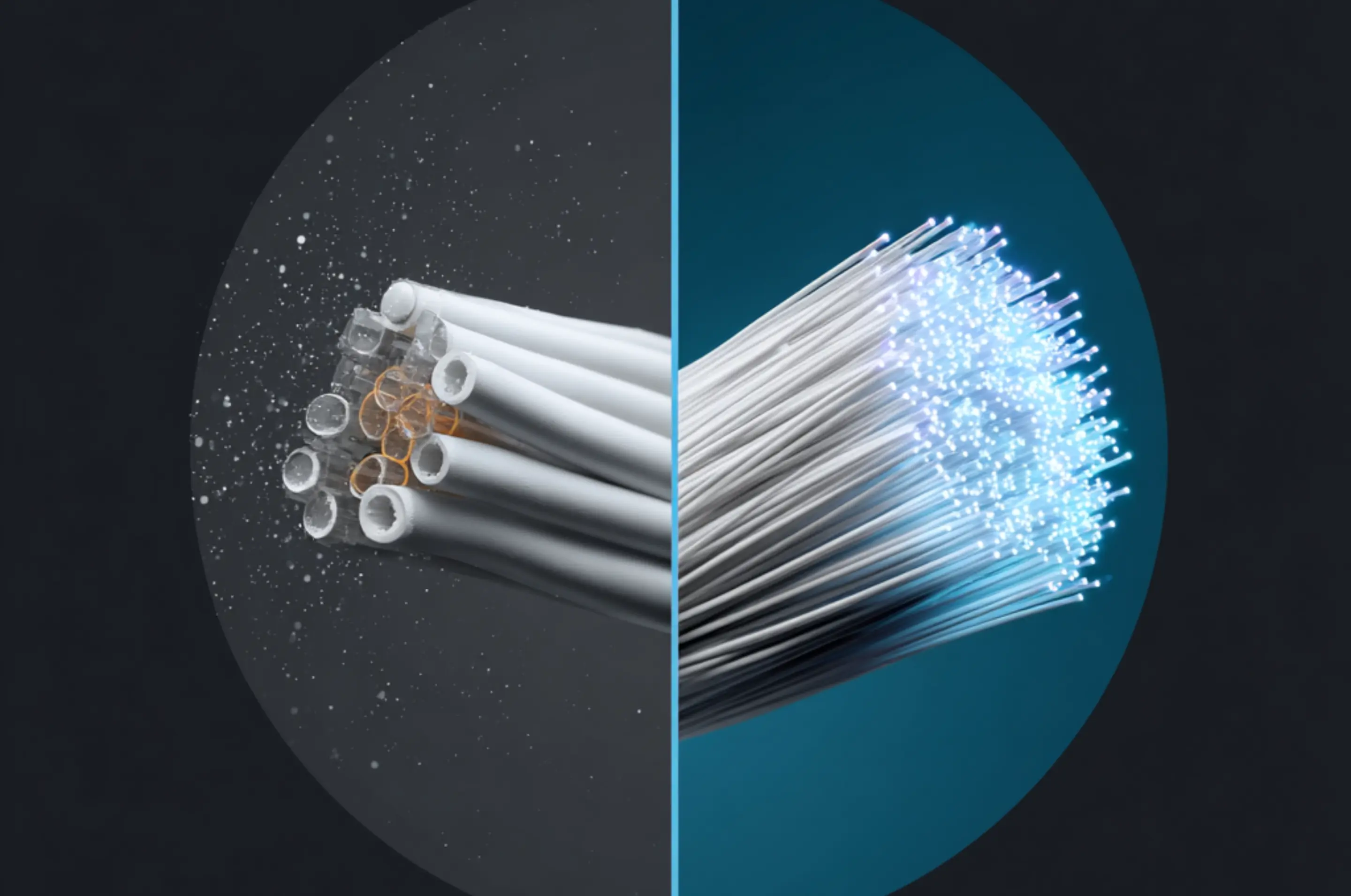 Vergleichsbild: Links DSL Kabel und Rechts Glasfaser Kabel