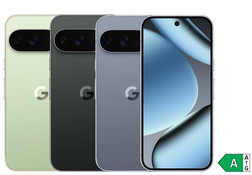 Google Pixel 10 Pro in verschiedenen Farben. Energieeffizienzklasse A.