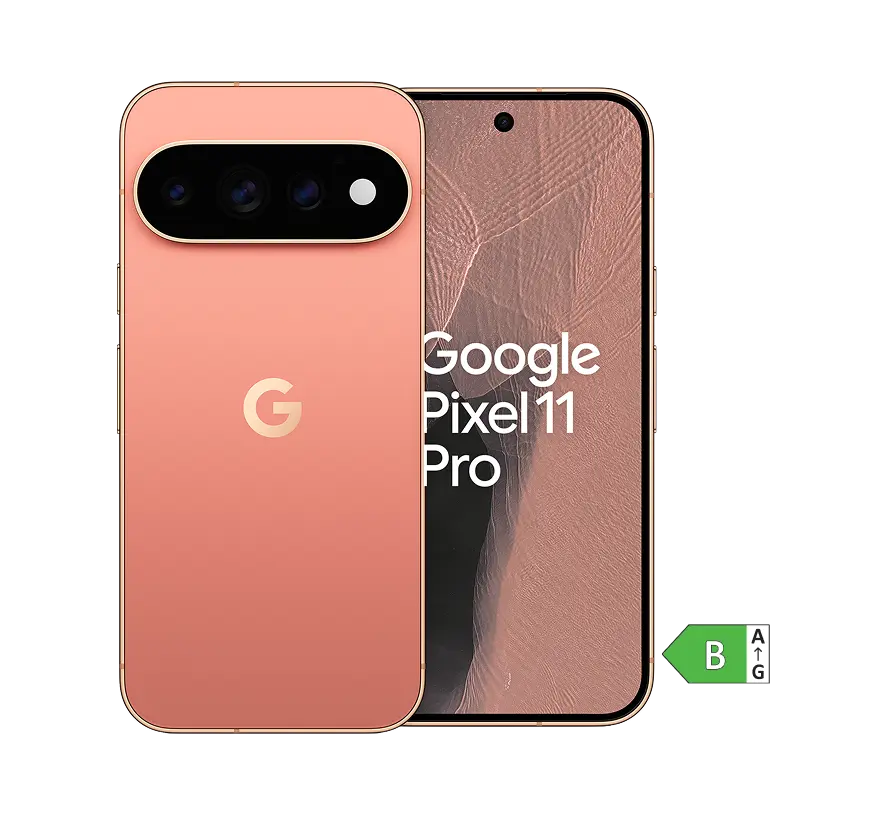 Vorder- und Rückansicht Google Pixel 11 Pro Canyon. Energieeffizienzklasse B.