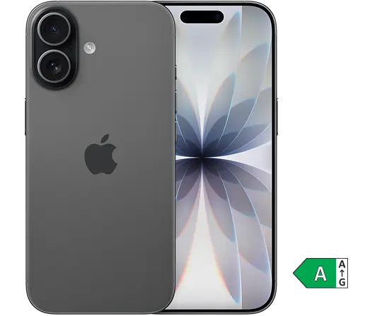 Vorder- und Rückansicht Apple iPhone 17 grau. Energieeffizienzklasse A.