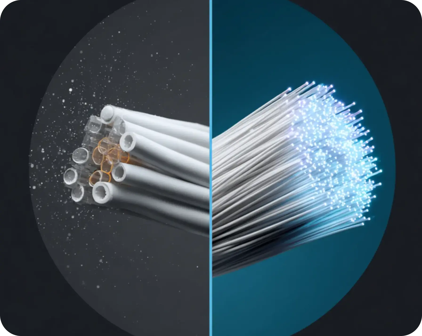 Vergleichsbild: Links DSL Kabel und Rechts Glasfaser Kabel