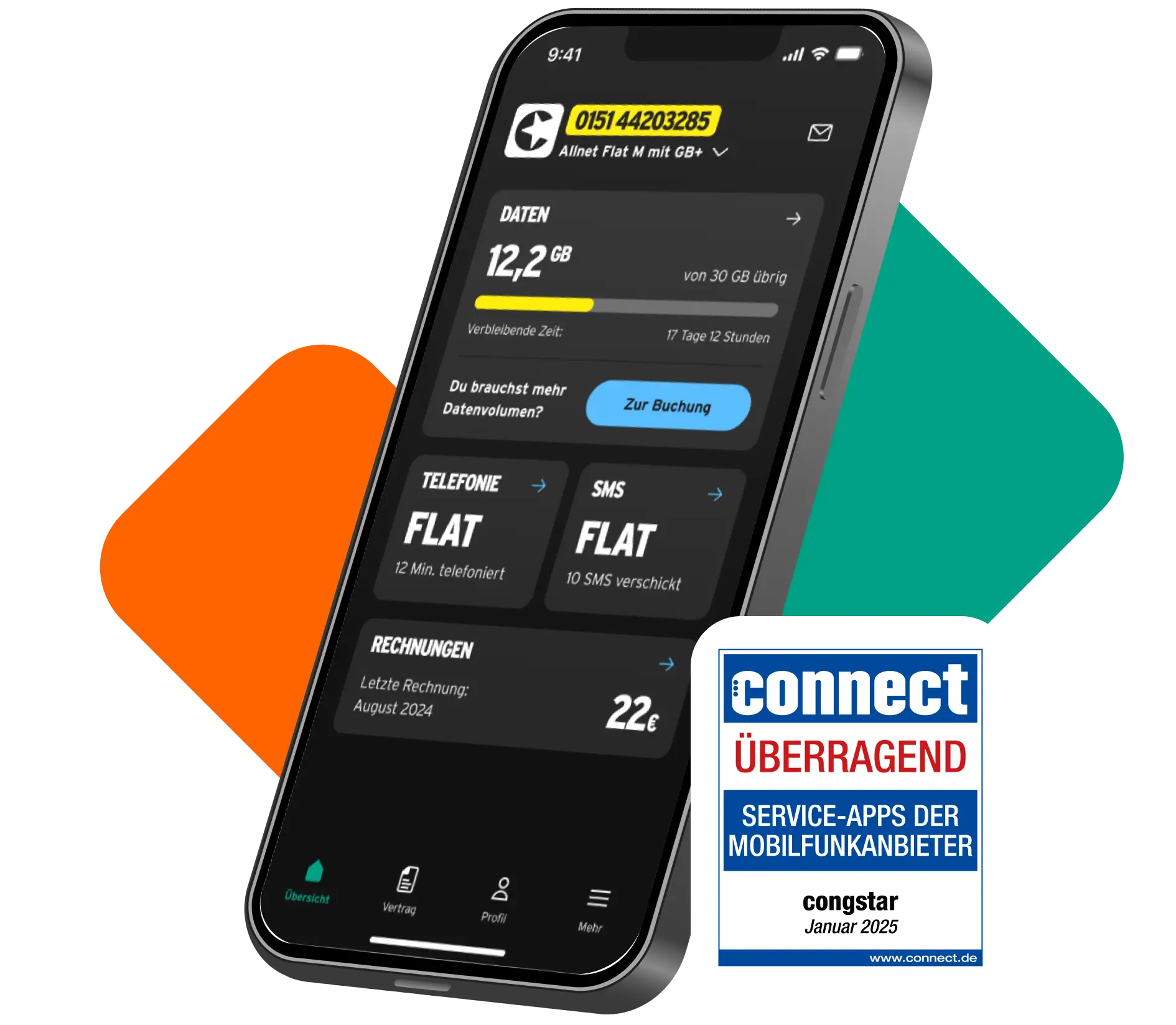 Abbildung von der congstar App mit Verbrauchsübersicht und connect Testsiegel mit Gesamtnote Überragend in Service-Apps der Mobilfunkanbieter von Januar 2025.