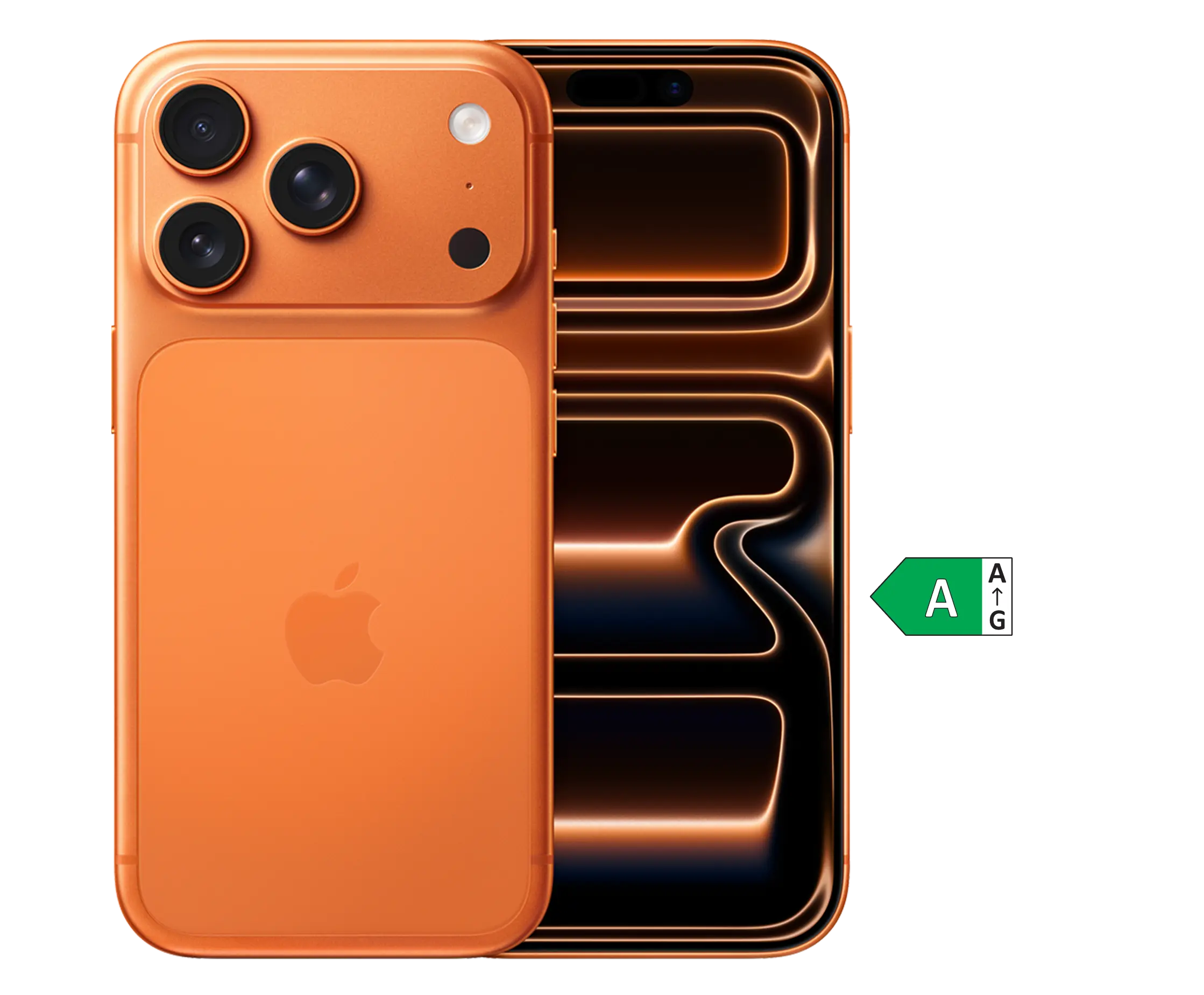 Vorder- und Rückansicht Apple iPhone 17 Pro. Energieeffizienzklasse A.