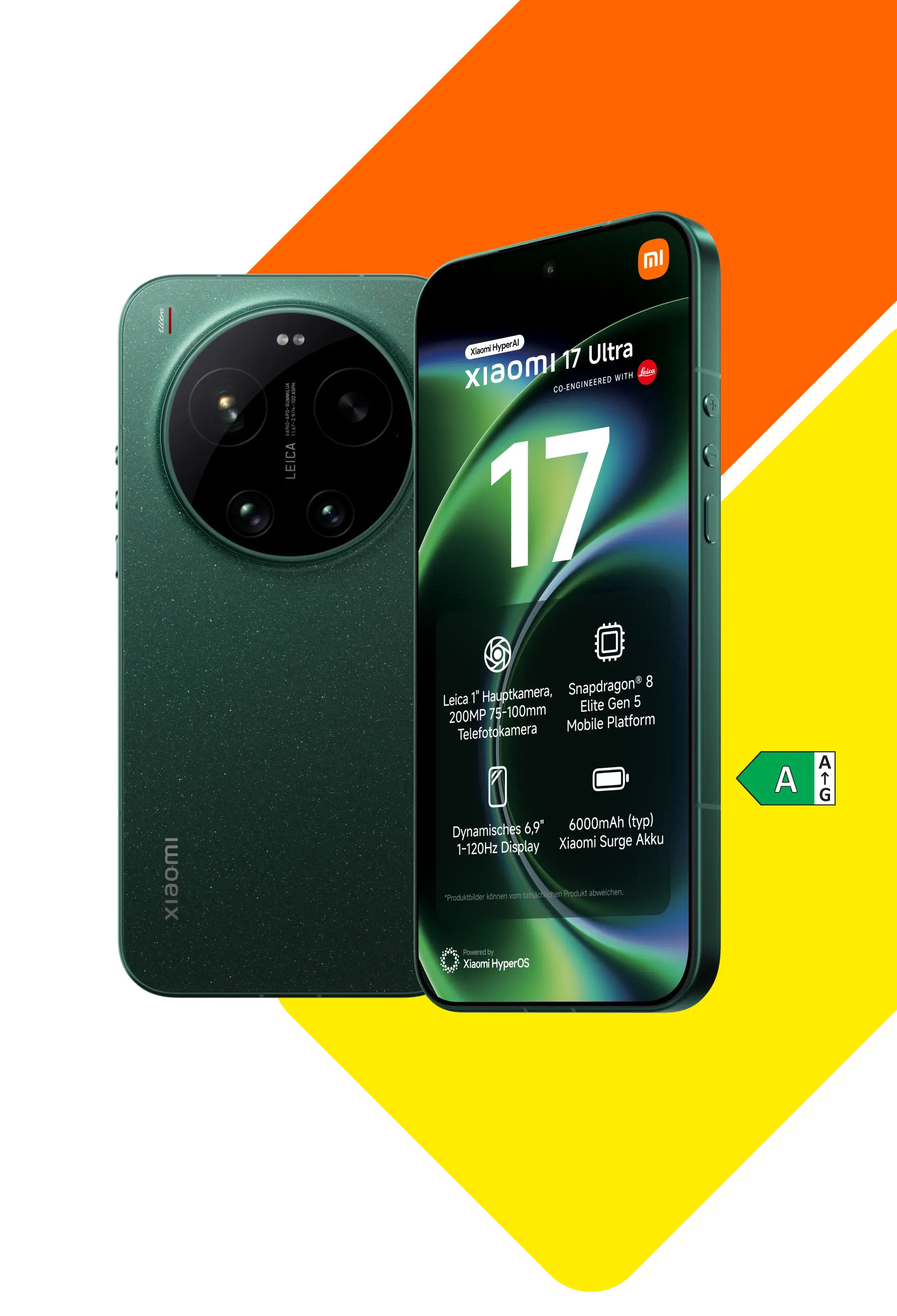 Vorder- und Rückansicht Xiaomi 17 Ultra. Energieeffizienzklasse A.