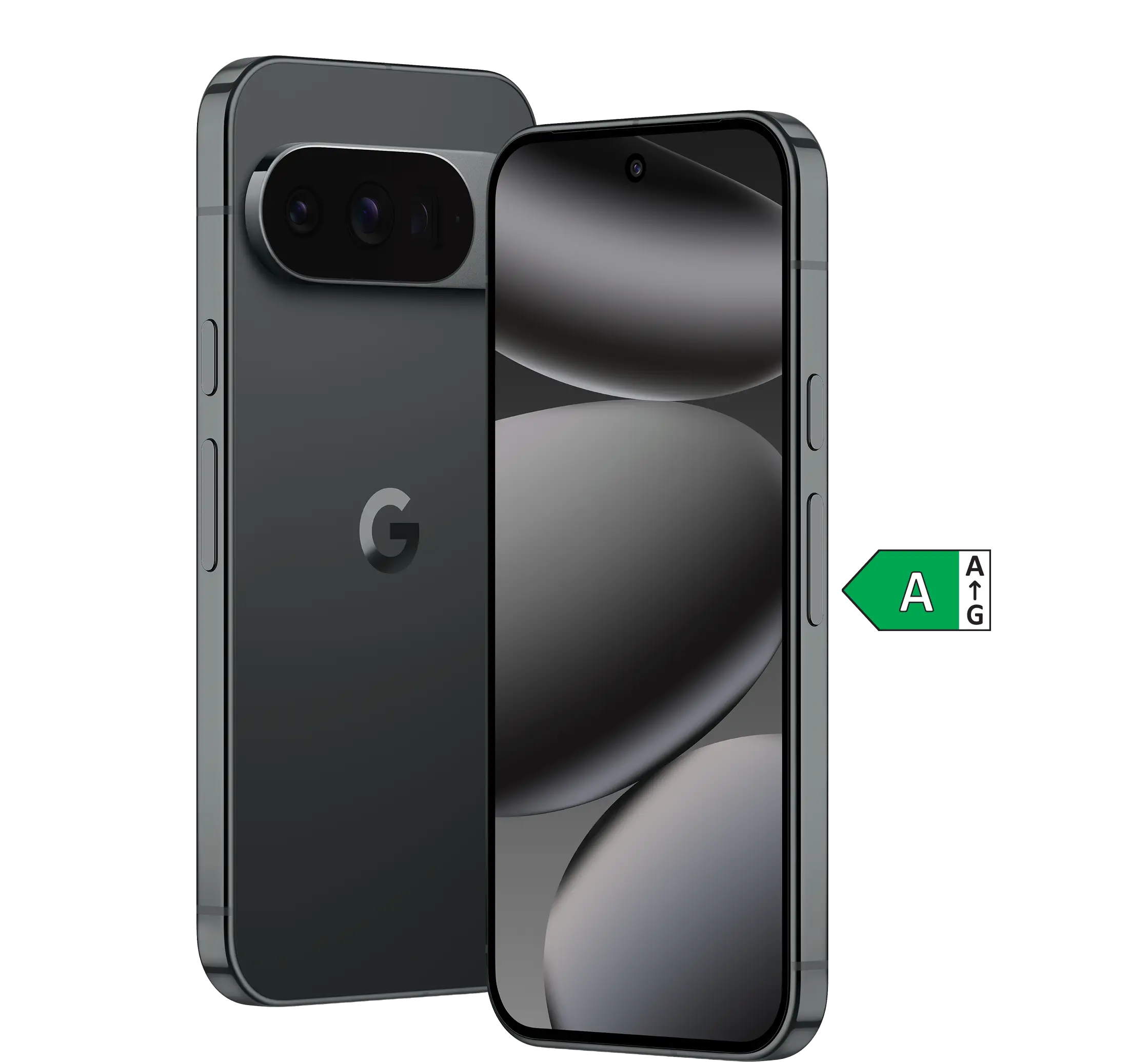 Vorder- und Rückansicht Google Pixel 10 Pro. Energieeffizienzklasse A.