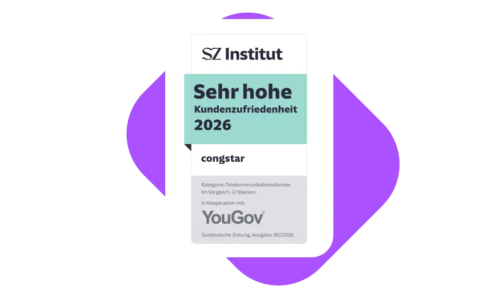 SZ Institut: Sehr hohe Kundenzufriedenheit 2026 – congstar. Kategorie: Telekommunikationsdienste, im Vergleich: 17 Marken. In Kooperation mit YouGov. Süddeutsche Zeitung, Ausgabe 85/2026.
