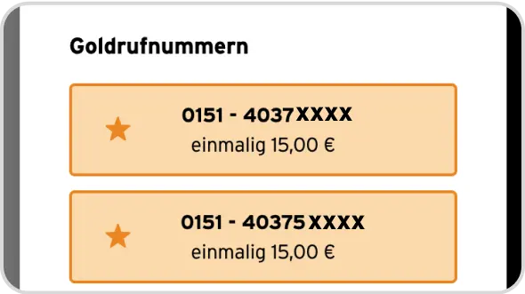 Auswahloption von Goldrufnummern mit einer Gebühr von 15 Euro.