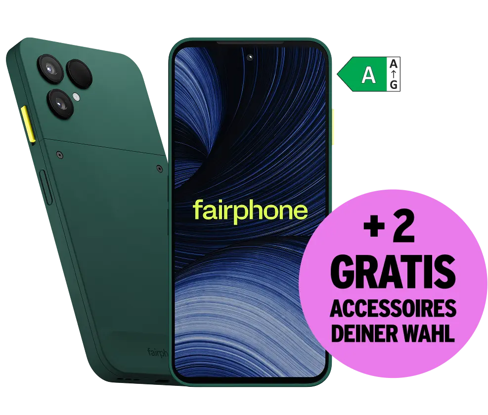 Vorder- und Rückansicht Fairphone 6+ Grün + 2 Gratis Accessoires deiner Wahl. Energieeffizienzklasse A.