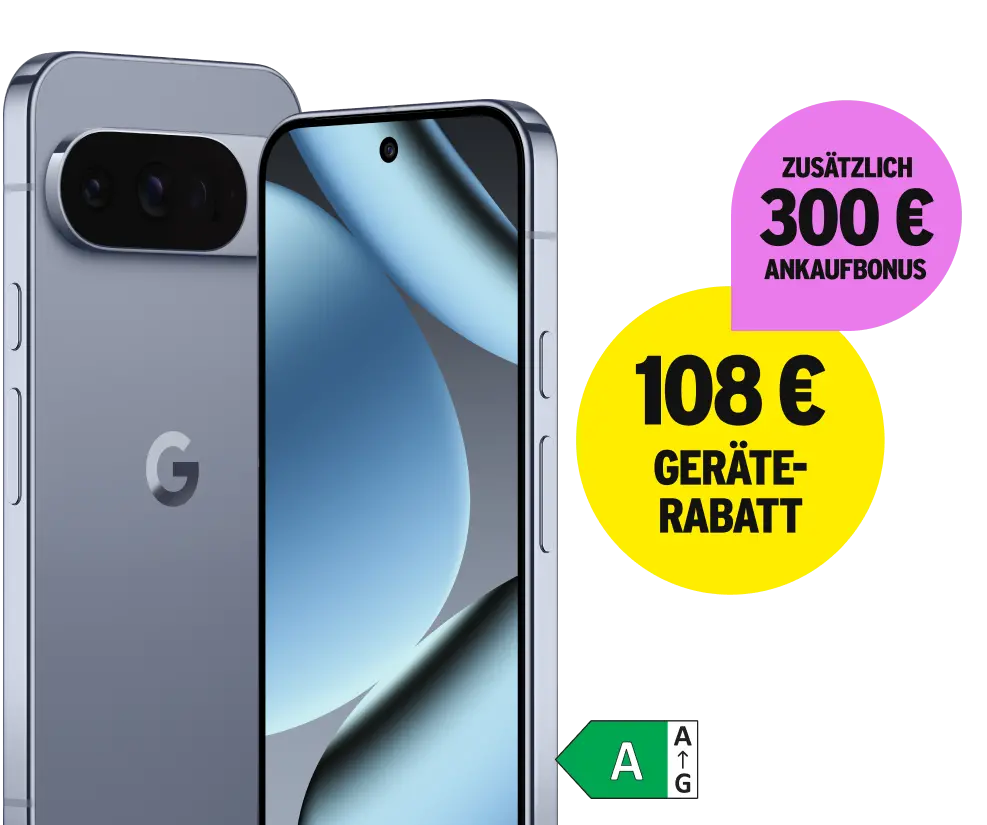 Seitliche Vorder- und Rückansicht Google Pixel 10 Pro. 108 € Geräterabatt. Zusätzlich 300 € Ankaufbonus. Energieeffizienzklasse A.