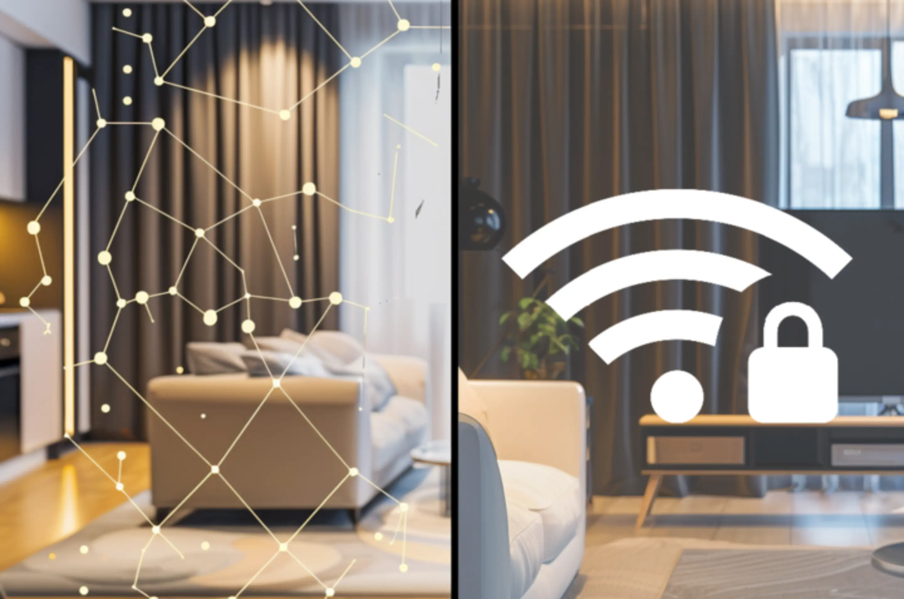 Bild unterteil in zwei Seiten. Auf der linken Seite ein Wohnzimmer mit darüber liegendem Netz. Rechts Wohnzuimmer mit Wlan-Symbol und Vorhängeschloss