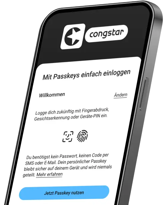 Smartphone zeigt Passkey Einrichtung in der congstar App.