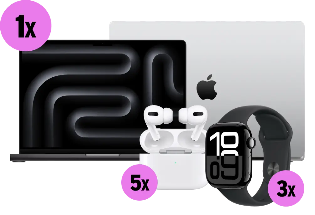 Produktabbildung der Apple-Gewinne: 1x Apple MacBook Pro 14 M4 Silber, 3x Apple Watch 10 GPS Aluminium, 5x Apple AirPods Pro (2. Gen.)