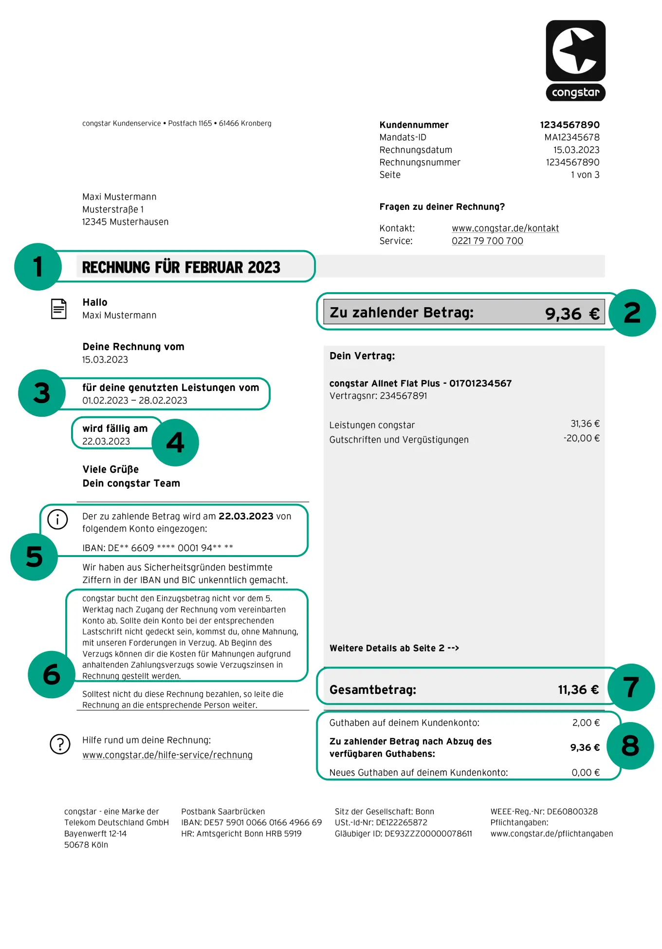 Rechnung Seite 1 Rechnung Seite 1 mit Markierungen 1-8