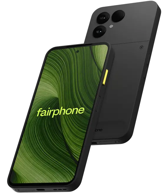 Schräge Vorder- und Rückansicht Fairphone 6 Schwarz.