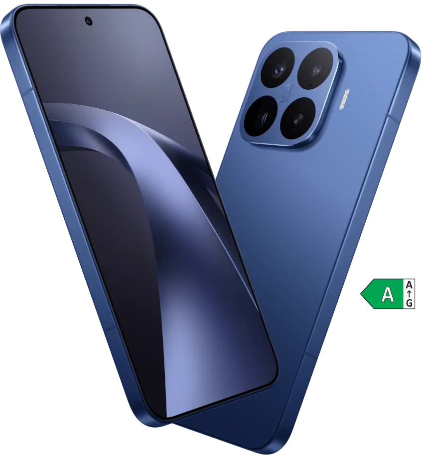 Rück- und Vorderansicht Xiaomi 17T Pro deep blue. Energieeffizienzklasse A.
