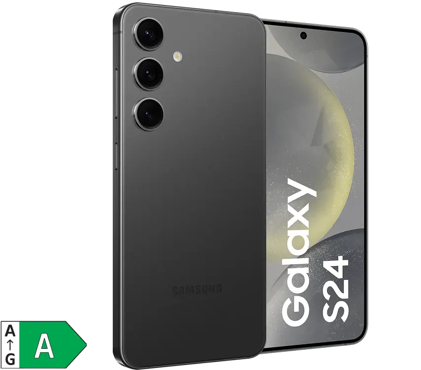 Vorder- und Rückansicht Samsung Galaxy S24 Schwarz. Energieeffizienzklasse A.