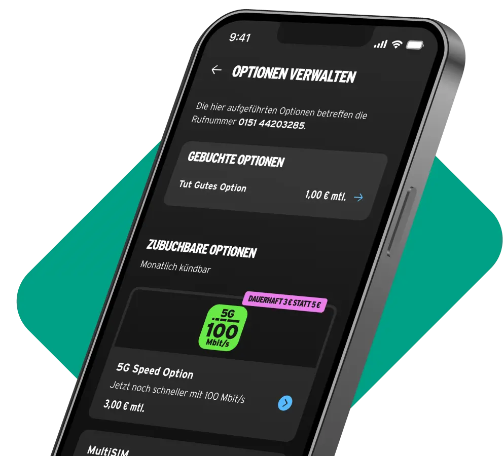 Smartphone zeigt Optionsverwaltung in der congstar App.