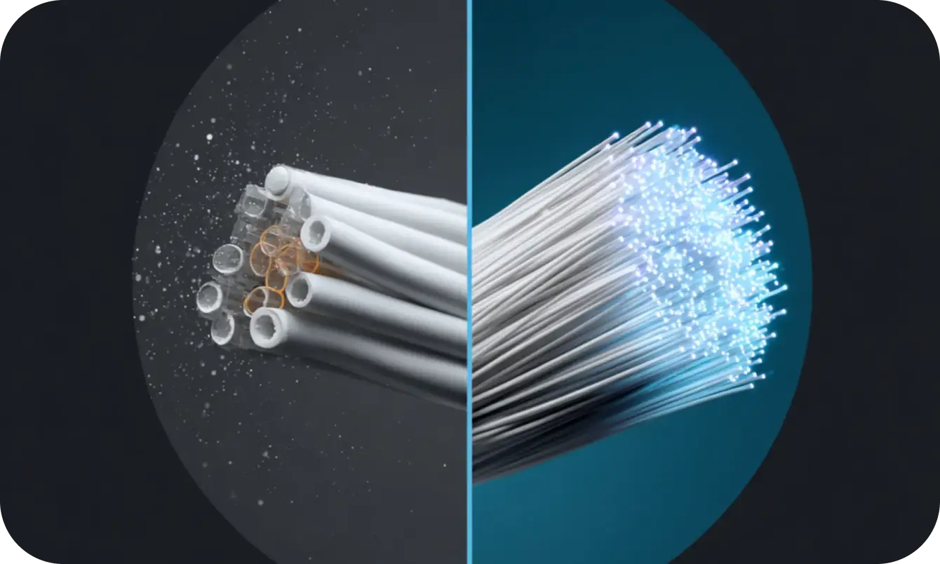 Vergleichsbild: Links DSL Kabel und Rechts Glasfaser Kabel