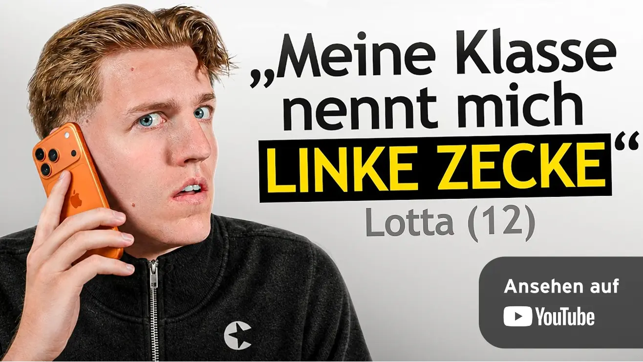 YouTube-Thumbnail zum Video „1 Tag Zuschauer anrufen" von marcant und congstar. Im Bild ein Zitat: „Meine Klasse nennt mich Linke Zecke" – Lotta (12). Ansehen auf YouTube.
