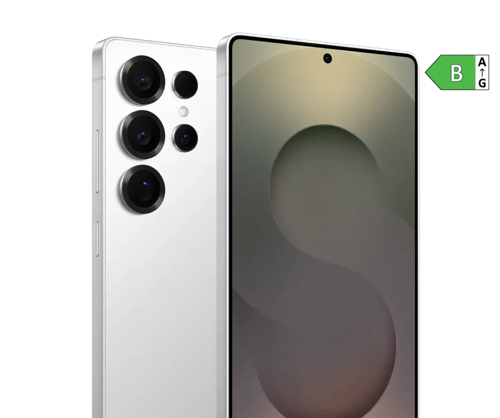 Seitliche Vorder- und Rückansicht Samsung Galaxy S25 Ultra. Energieeffizienzklasse B.