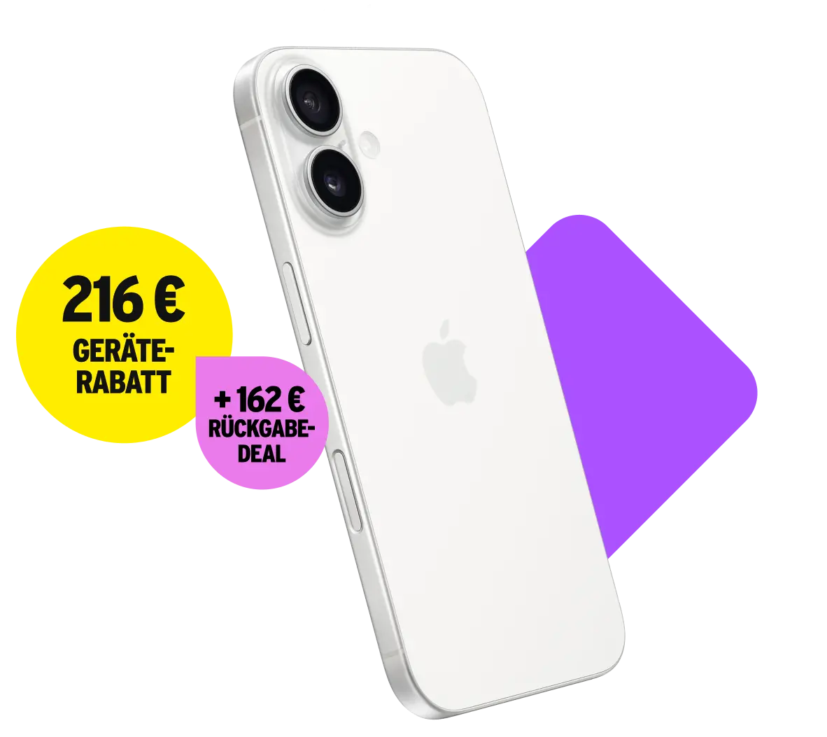 z.B. mit Apple iPhone 16. 216 € Geräte-Rabatt + 162 € Rückgabe-Deal