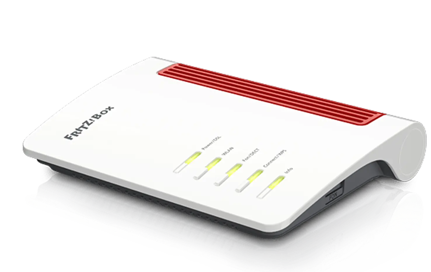 Router FRITZ!Box 7530 AX mit leuchtenden Status-LEDs für Power, DSL, WLAN und Netzwerkverbindungen