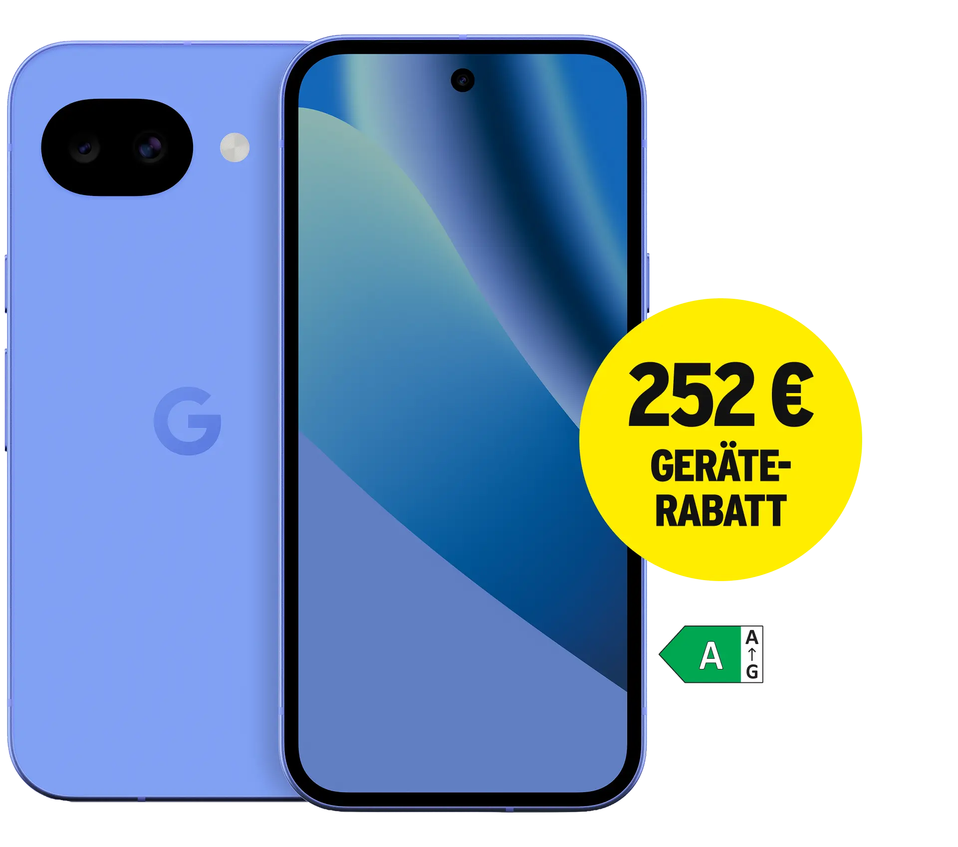 Vorder- und Rückansicht Google Pixel 10a Lavender. Energieeffizienzklasse A. 252 € Geräte-Rabatt.