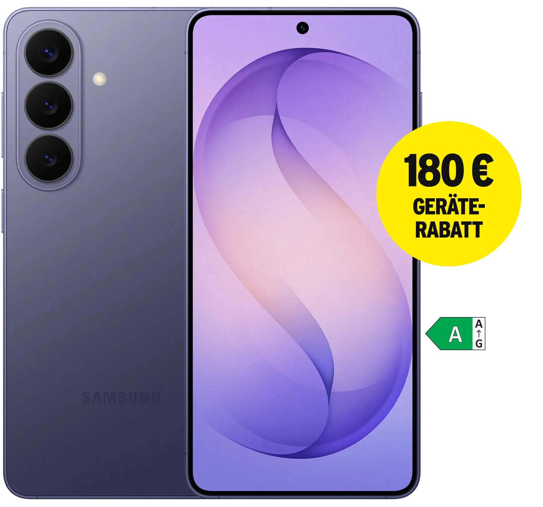 Vorder- und Rückansicht Samsung Galaxy S26 Cobalt Violet. Energieeffizienzklasse A. 180 € Geräte-Rabatt.