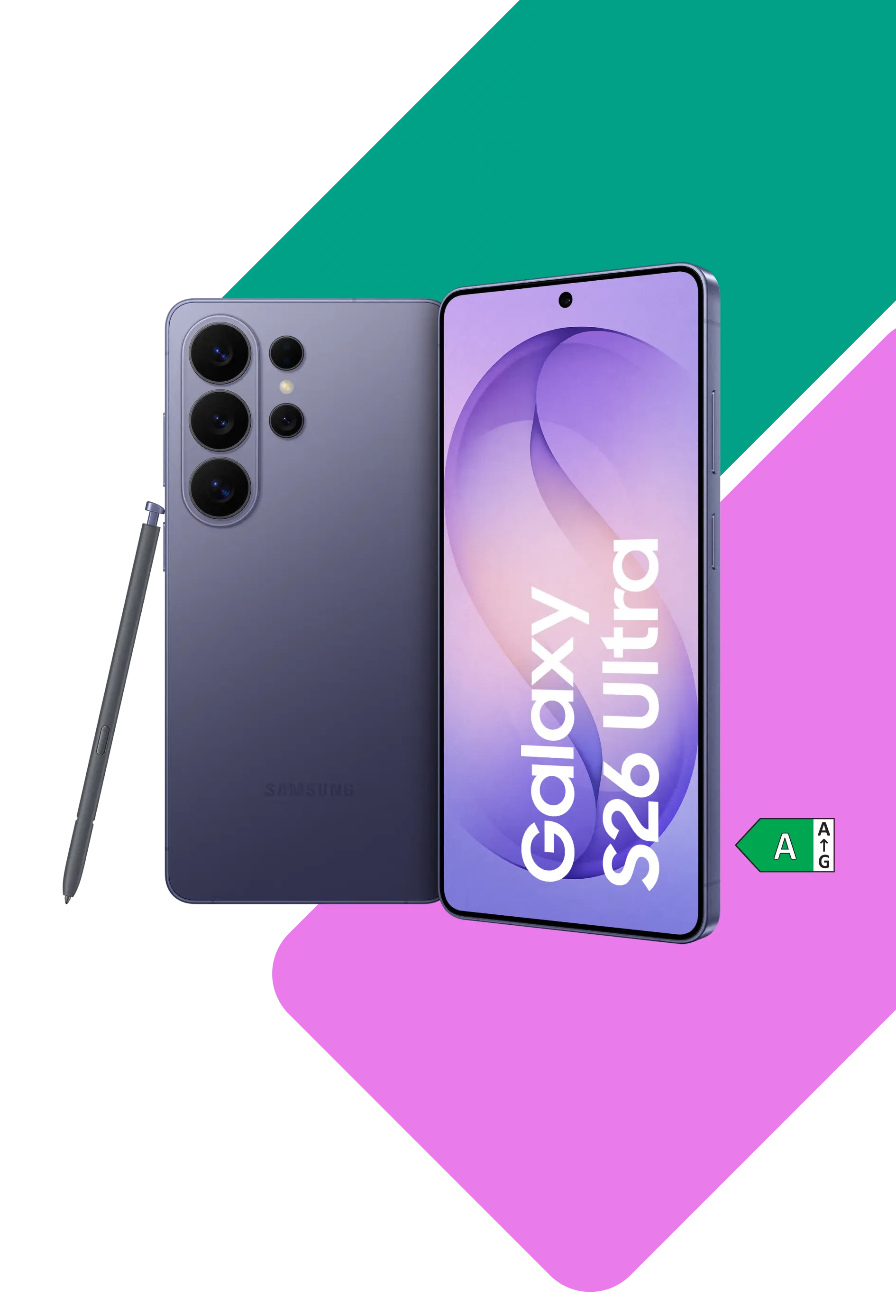 Vorder- und Rückansicht Samsung Galaxy S26 Ultra mit S-Pen. Energieeffizienzklasse A.