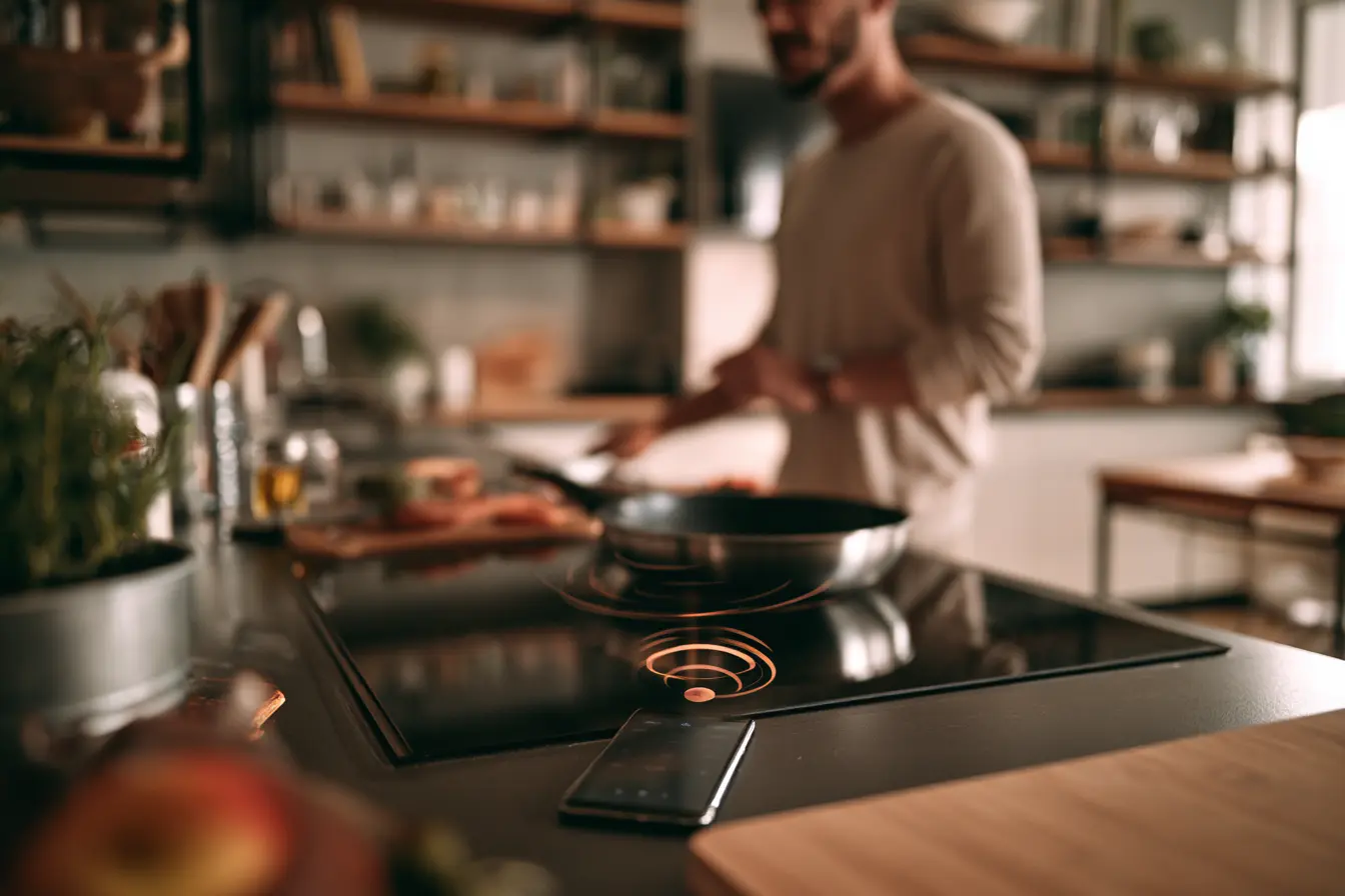 Handy im Vordergrund und im Hintergrund ein Mann am kochen