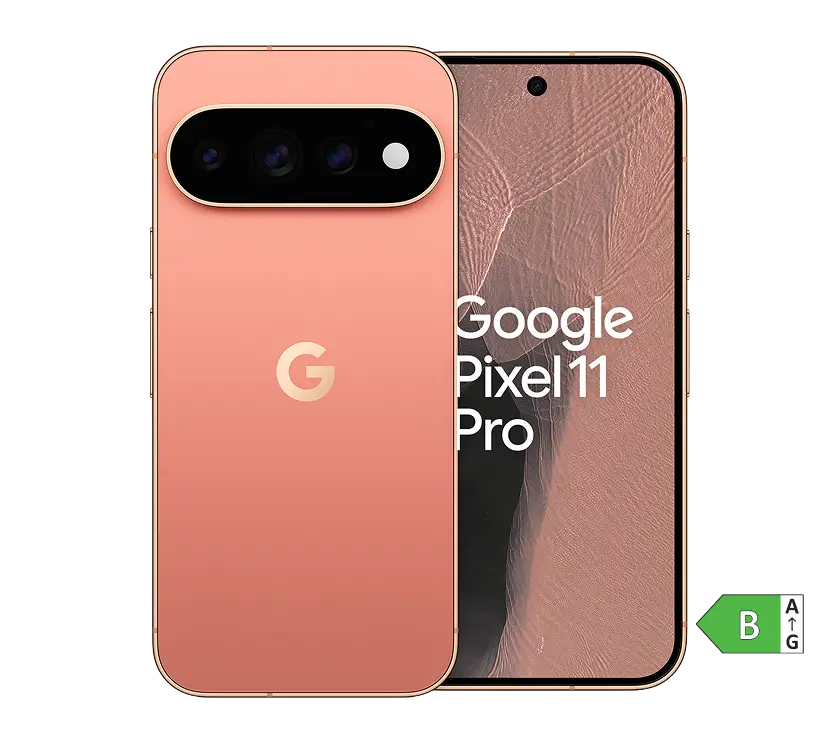 Vorder- und Rückansicht Google Pixel 11 Pro Canyon. Energieeffizienzklasse B.