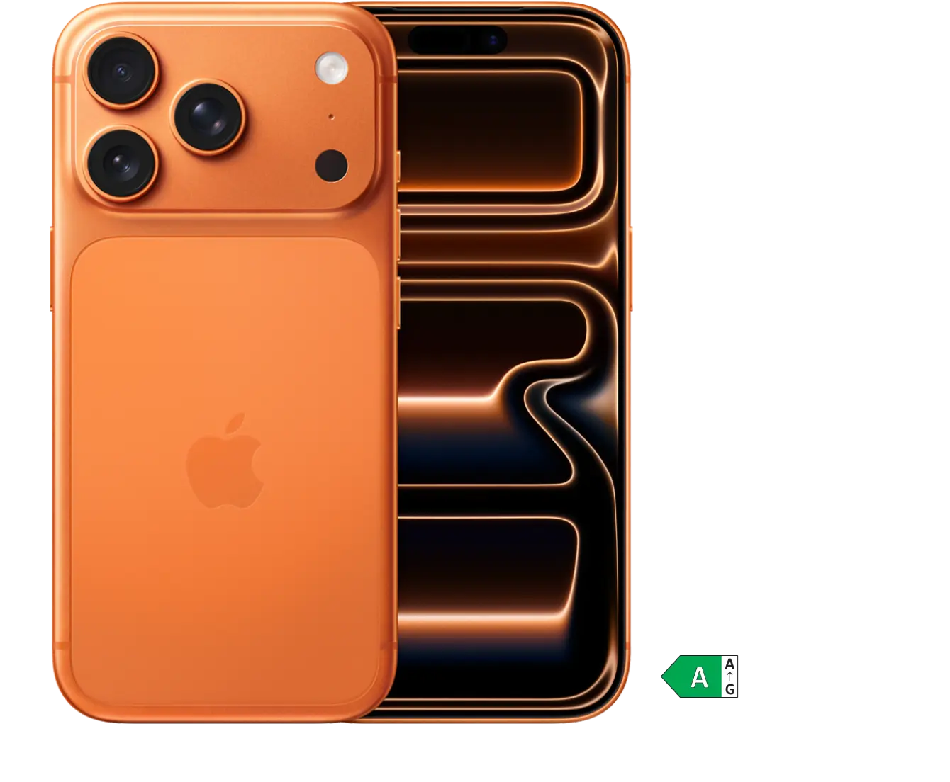 Rück- und Frontansicht iPhone 17 Pro in Orange. Energieeffizienzklasse A.