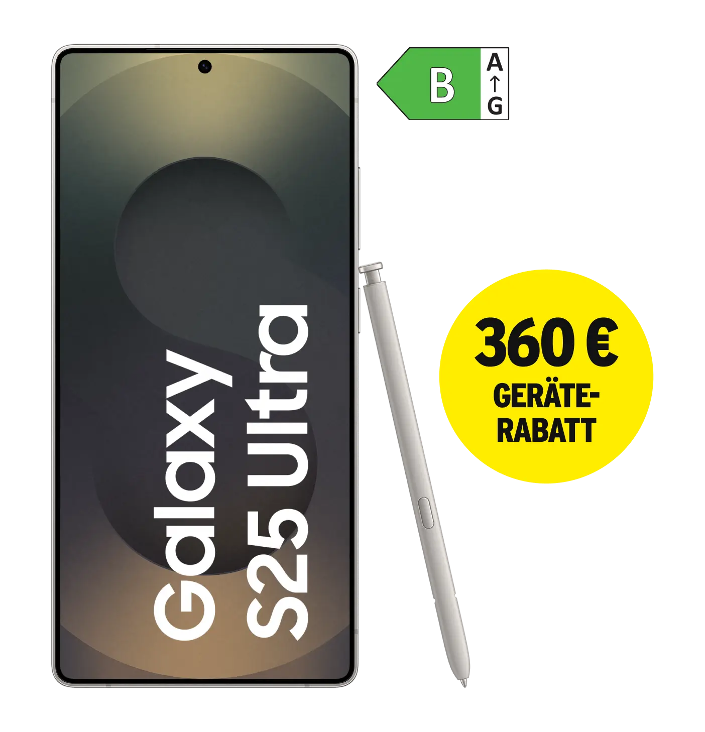 Samsung Galaxy S25 Ultra. Energieeffizienzklasse B. 360 € Geräte-Rabatt.