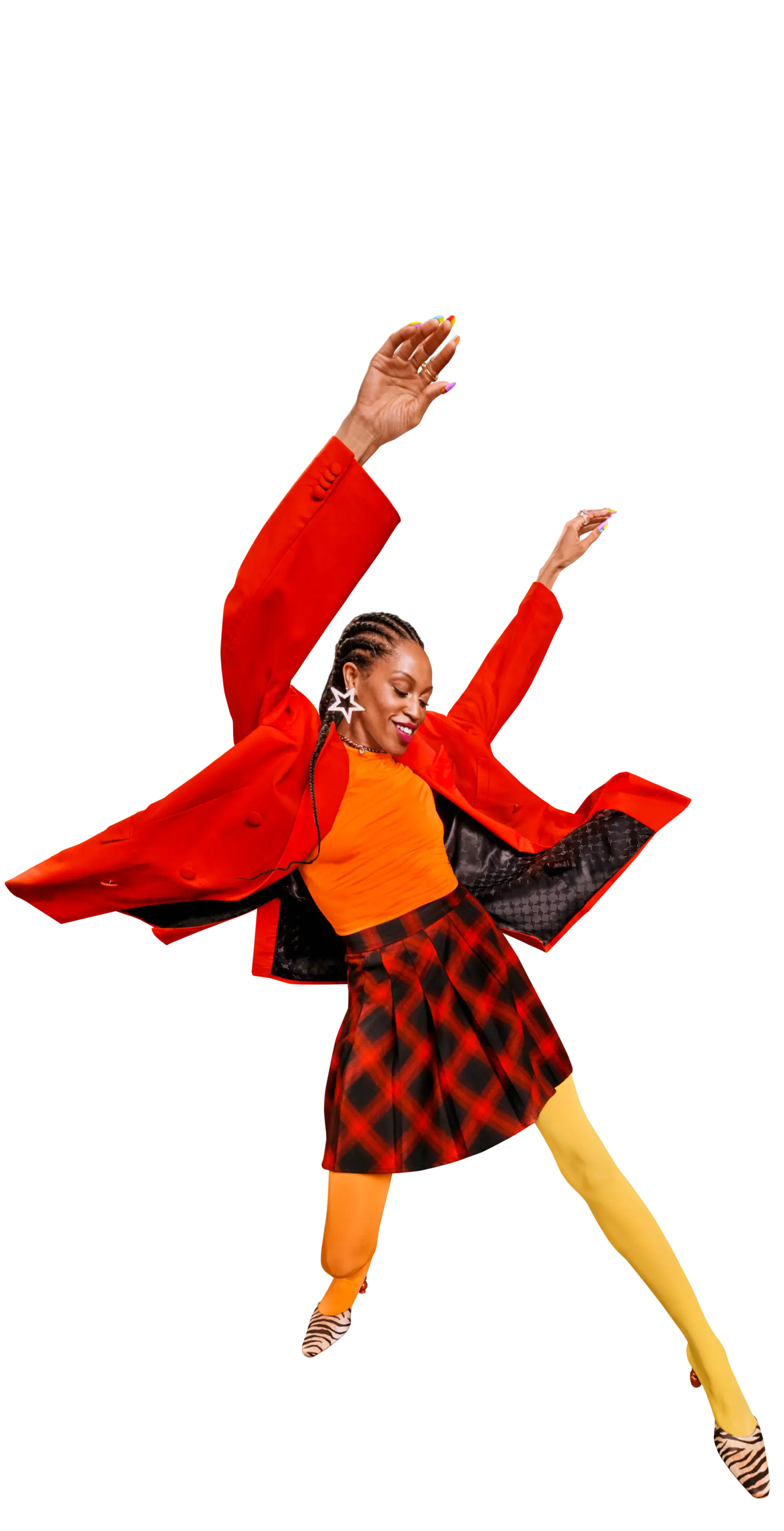 Lächelnde Person tanzt.